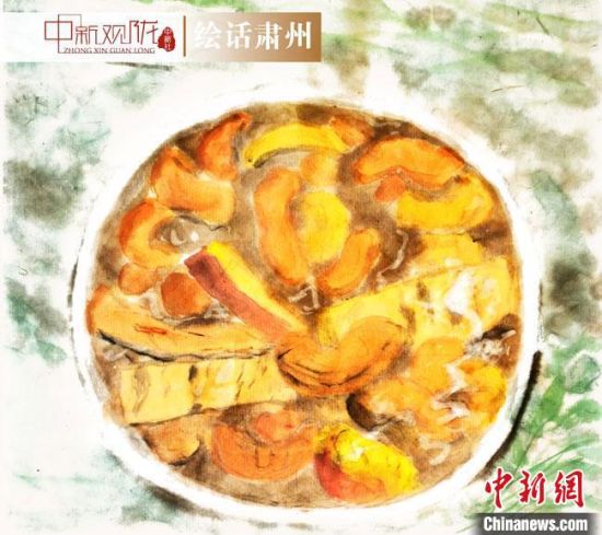 圖為酒泉美食“糊鍋”繪畫作品。　杜興彥 攝