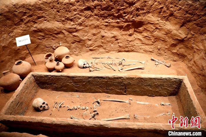 圖為河湟文化博物館復制展陳的墓葬及其彩陶陪葬品。　薛蒂 攝